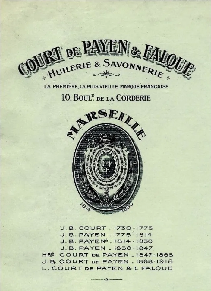 En-tête historique Court de Payen & Falque, huilerie et savonnerie, 10 boulevard de la Corderie, Marseille